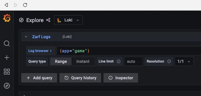 zarf user typing app='game' into the Loki Log Browser