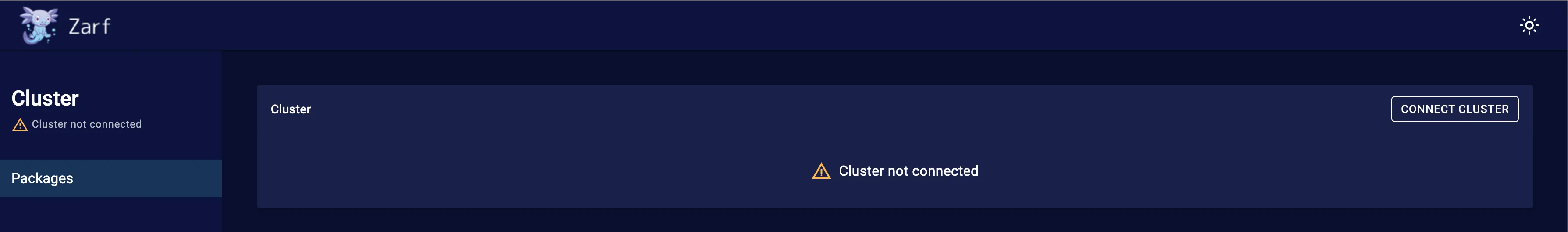 Web UI shows orange warning status and message "cluster not connected" on the cluster card